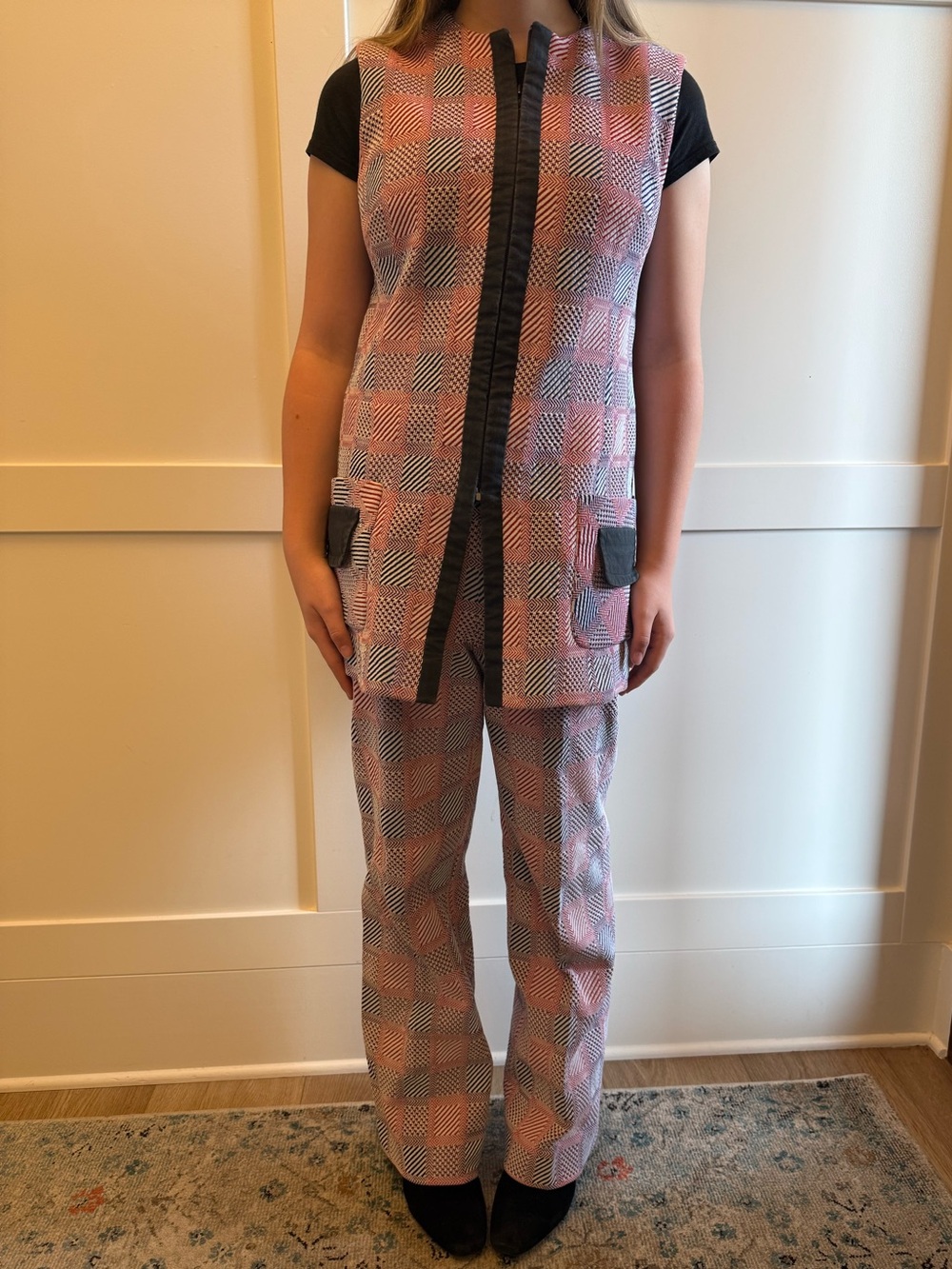 Vtg 60s 70s WORLD Knits 2 Pc Vest & Pants Suit Set Patchwork Mod Flared Sz 12 - Picture 2 of 15